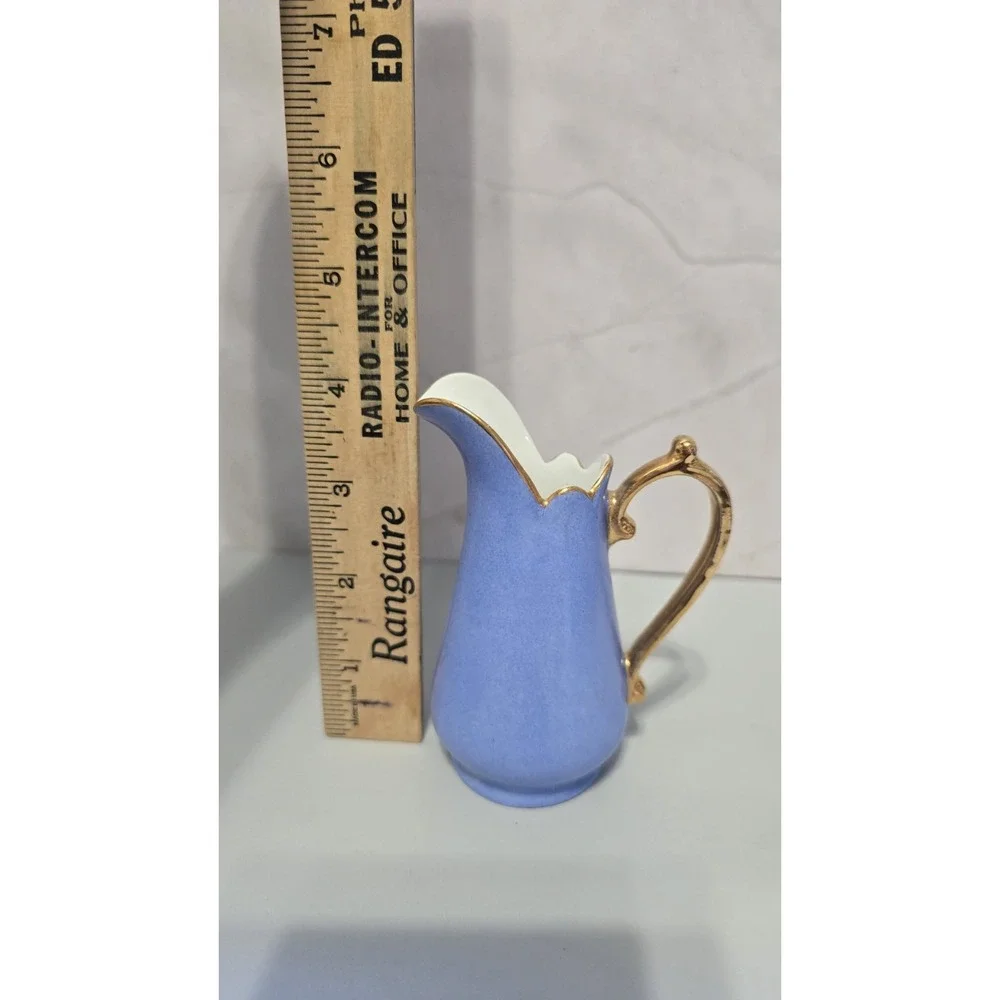 Light Blue Small Creamer Pitcher With Gold Handle And Accents By I Godinger & Co